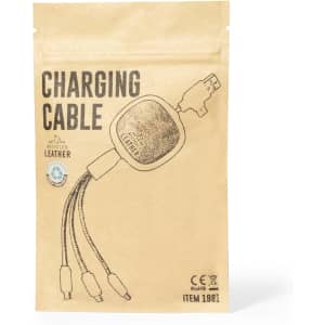 A charging cable packaged in a brown, eco-friendly pouch, featuring a recycled leather design and multiple connection options.