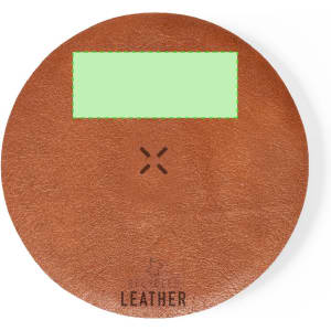 A round, brown leather wireless charger with a logo in the centre. The surface has a textured finish.