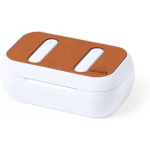 A white earphone case with a brown leather top and two slots for earbuds. It features a logo on the leather.