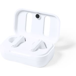 White earphones in a matching charging case, featuring a simple design and a small logo.