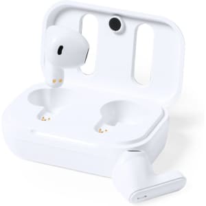 White earphones displayed in a charging case, with one earphone outside the case. Features a simple design and branding.