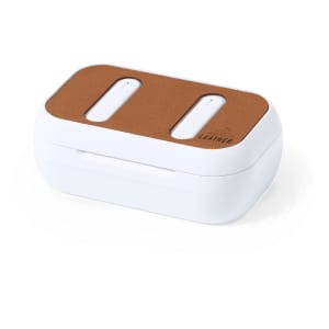 A white earbud charging case with a brown leather top. It has two compartments for earphones and features a logo.