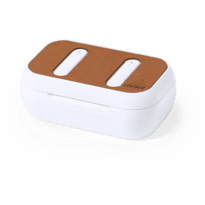 A pair of white earphones in a rectangular case with a brown leather top and a logo.