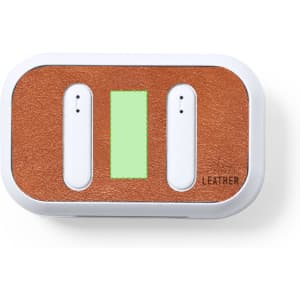 Brown leather earphone case with a white frame and two earphones inside, featuring a subtle logo.