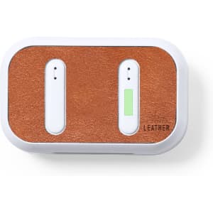 A pair of Shizar RCS Earphones with a brown leather case and white accents, featuring a logo.