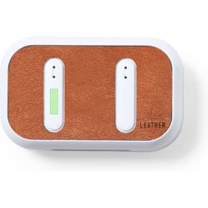 Brown leather earphone case with white accents, featuring cutouts for earphones and a logo.