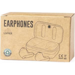 A brown cardboard box containing Shizar RCS Earphones made from recycled leather, featuring a logo on the packaging.