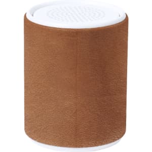 A brown textured speaker with a white top, featuring a mesh grille and a branding logo.