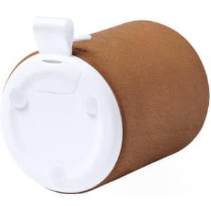 A brown speaker with a white base, featuring a rounded design and a plastic cover on top. It has a logo on the side.