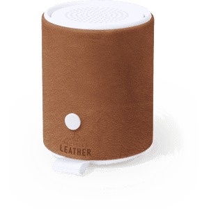 A brown leather Bluetooth speaker with a white base and a small button on the front.