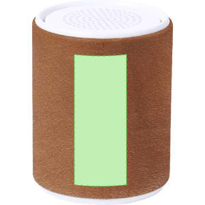 A brown cylindrical speaker with a white top and a green accent area. It features a logo on the surface.