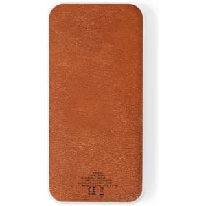 A rectangular power bank in a brown leather finish with a sleek design and a logo on the surface.
