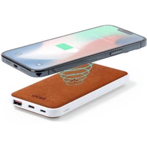 A power bank in white and brown with a smartphone above it, displaying a charging symbol. It features a logo.