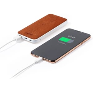 A brown leather-textured power bank with white edges, connected to a smartphone showing a charging indicator.