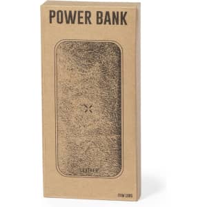 A power bank in a textured leather finish, presented in a simple brown cardboard box, featuring a brand logo.