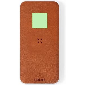 A power bank with a brown leather exterior and a square green section, featuring a logo on its surface.