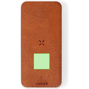 A brown leather power bank featuring a green square on the front and a logo at the bottom.