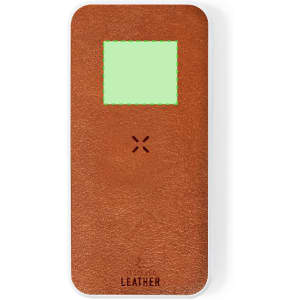 A brown leather power bank with a green square on the front and a logo at the bottom.