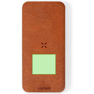 A brown leather power bank with a green square design and a logo on the front.