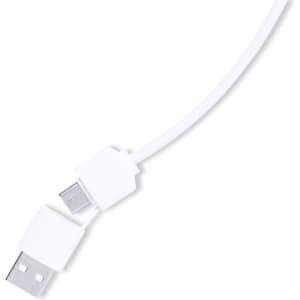 A white USB hub with two connections at each end, featuring a simple design and smooth cable surface.