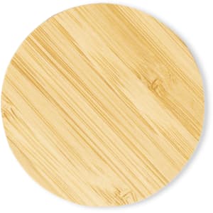 A round bamboo serving platter featuring a smooth, natural wood finish.