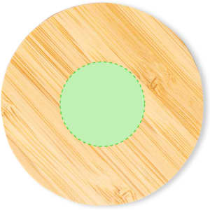 A round bamboo USB hub with a green centre and a subtle branding logo.