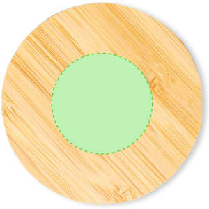 A round bamboo USB hub with a green circular centre and a natural wood finish. Features a branding logo.