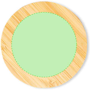 A round coaster with a bamboo outer edge and a light green centre, featuring a decorative stitched outline.
