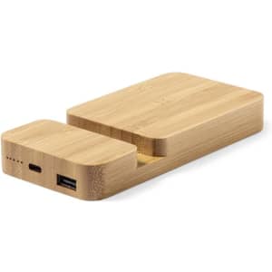 A bamboo power bank with USB and USB-C ports, featuring a sleek and natural finish, includes a logo.