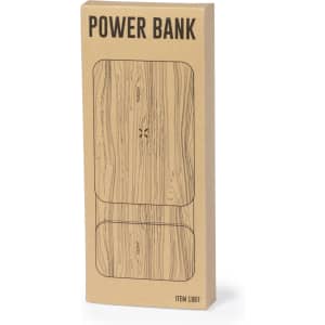 A power bank in a wooden-patterned cardboard box. The package features a logo and a rectangular design.
