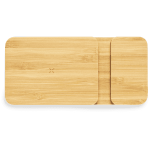 A set of bamboo coasters in a light natural colour, featuring rounded edges and smooth surfaces, with a brand logo.