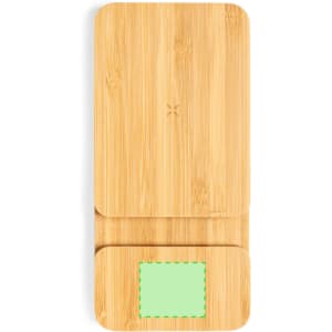 A bamboo power bank in natural tones features a green accent and has a branding logo.