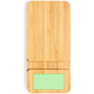 A bamboo power bank with a smooth finish and a green accent area for branding or customisation.