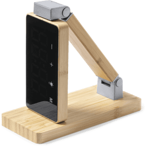A multifunction alarm clock with a wooden base and adjustable arm, featuring a digital display.