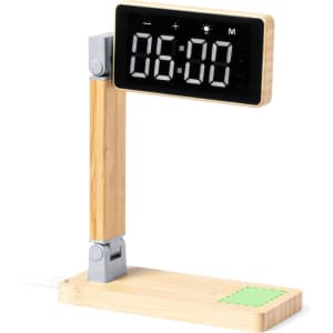 A multifunction alarm clock with a wooden base and adjustable display, featuring a digital time readout in black and white.