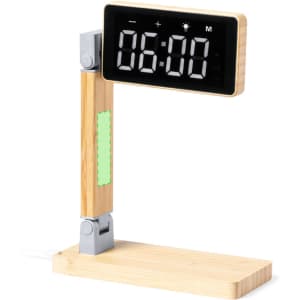 A multifunction alarm clock with a wooden base, adjustable display, and digital time readout. It features a sleek design and a logo.