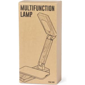 A box containing a multifunction lamp with a wooden finish and a base for stability. The box features a simple design.