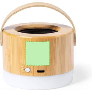 A bamboo Bluetooth speaker with a circular design, featuring a handle and a white base.