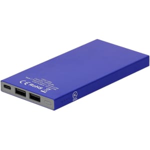 A purple power bank with multiple USB ports and a logo, designed for charging devices on the go.
