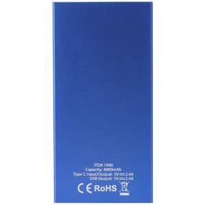 A blue power bank with a smooth finish, featuring a logo and technical specifications on one side.