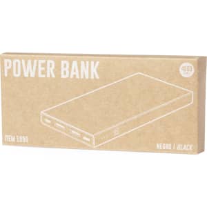 A power bank in a brown box, featuring multiple ports, with the colour description of black. The box includes a logo.