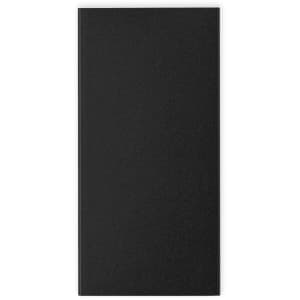 A black power bank with a smooth finish, featuring a logo on the surface.