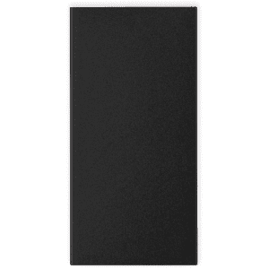 A black power bank with a sleek design, featuring a logo on the surface.