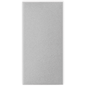 A sleek silver power bank with a smooth finish; features a logo on the surface.