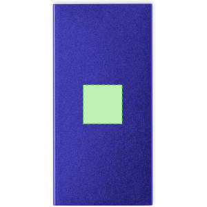 A purple power bank with a green square accent and a logo. Suitable for charging devices on the go.
