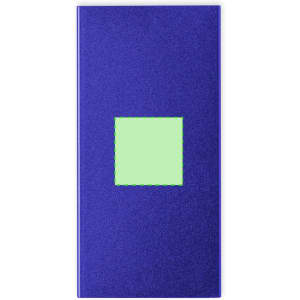A power bank in a vibrant purple colour with a green square feature and a logo.