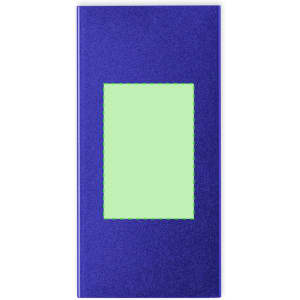 A purple power bank with a green rectangular area, featuring a logo on the surface.