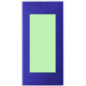 A power bank with a vibrant violet exterior and a light green panel, featuring a logo.