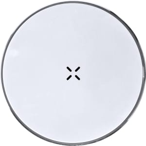 A round, white wireless charger with a sleek design and a minimalist look. It features a logo on the surface.