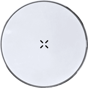 A wireless charger in a sleek circular design, featuring a white surface and a logo in the centre.